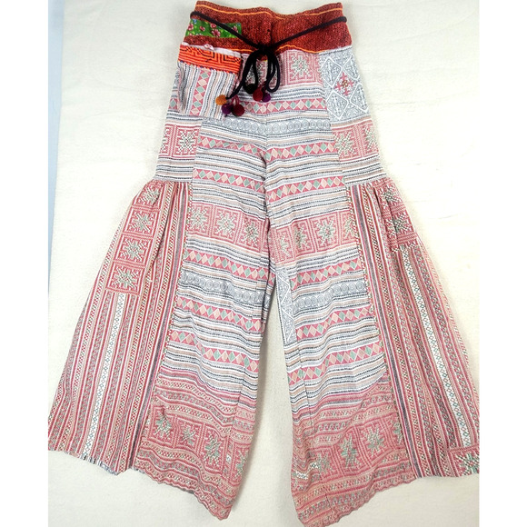 Boho Festival Wide Leg Patchwork Pants Hippie Gypsy Tribal Print Palazzo Artisan - Picture 1 of 9